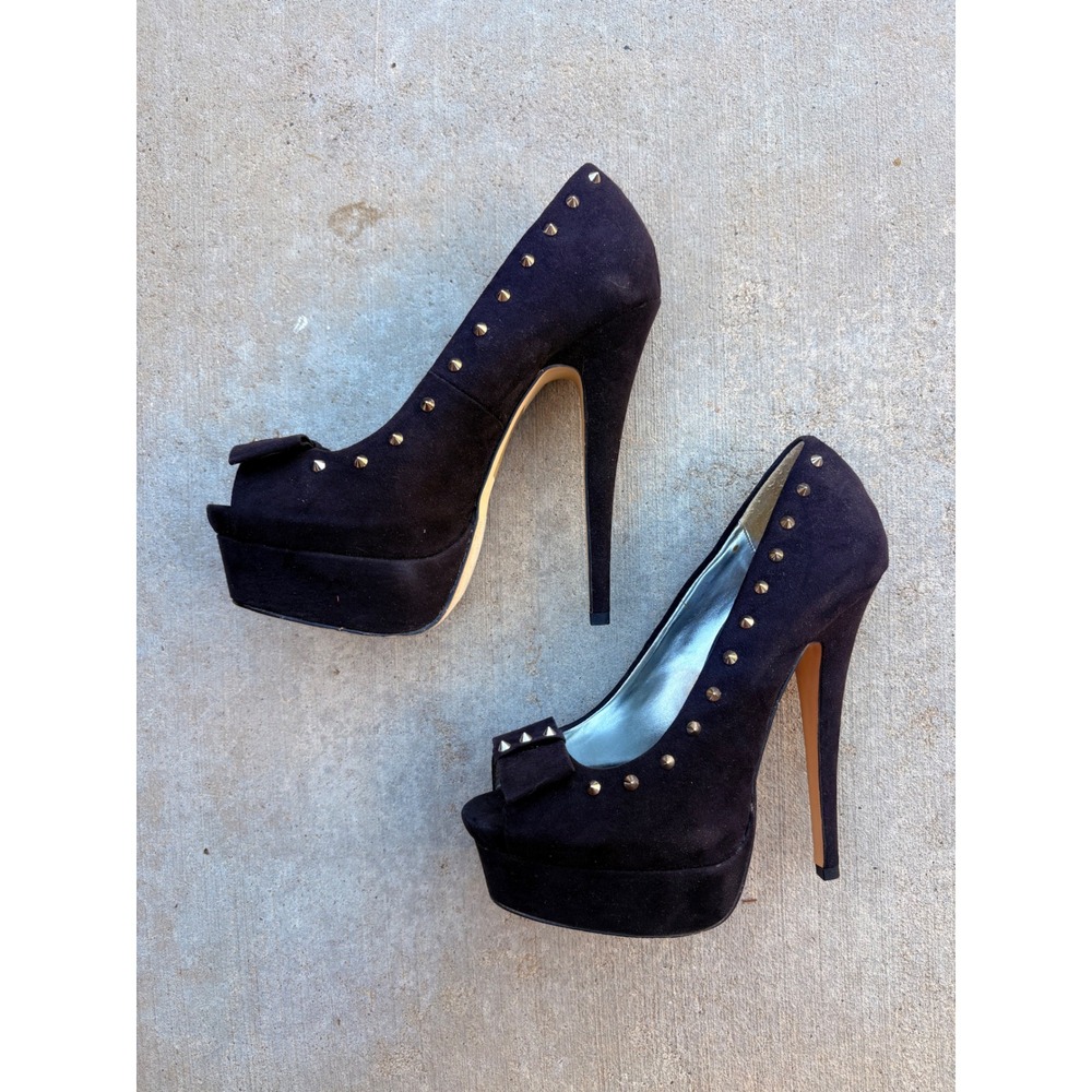 Y2K Shoedazzle Black Studded Peep Toe Platform Stiletto Pumps Heels Womens 7 - Picture 3 of 5